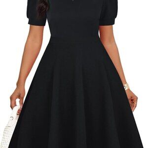 Womens Summer Short Puff Sleeve Casual Semi-Formal Fit and Flare Church Wedding